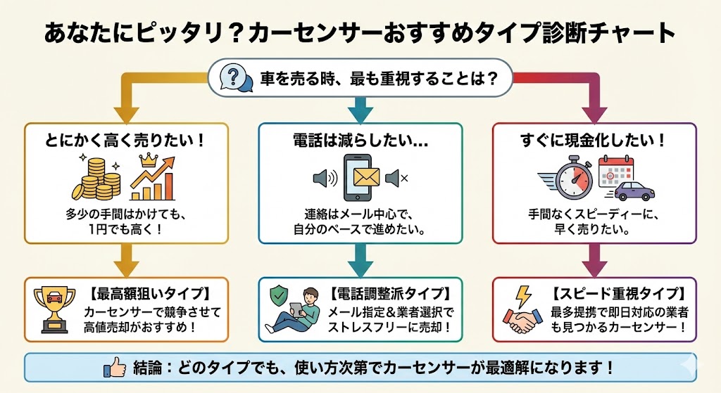 カーセンサーをおすすめする人3タイプを振り分けチャートで視覚化した画像