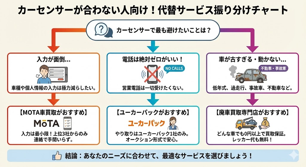 カーセンサーが合わない人と代替サービスの振り分けチャート画像