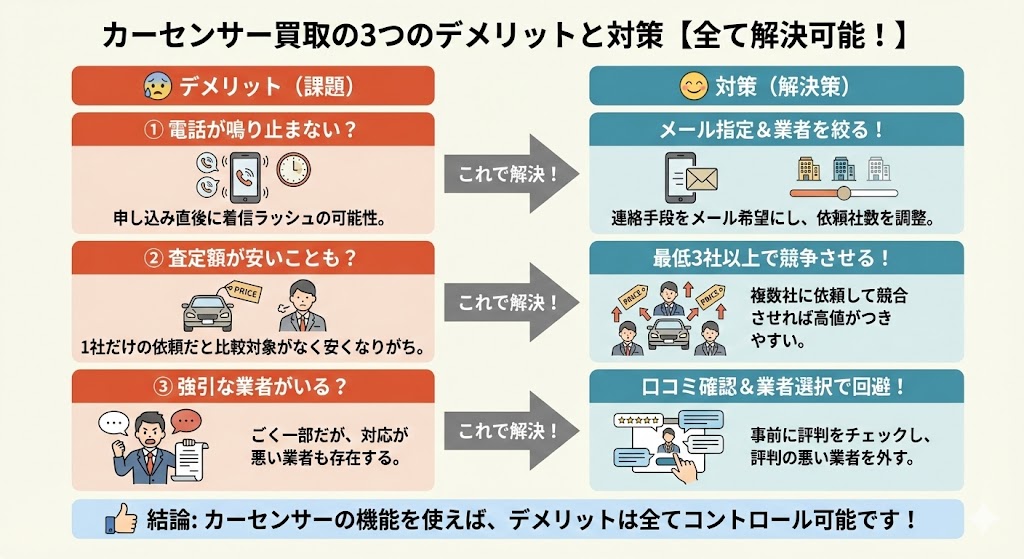 カーセンサーの3つのデメリットとその対策図解