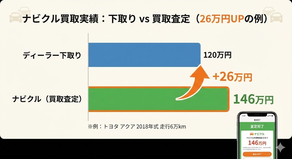 ナビクルはディーラー下取りよりも平均26万円買取価格UP!の図解