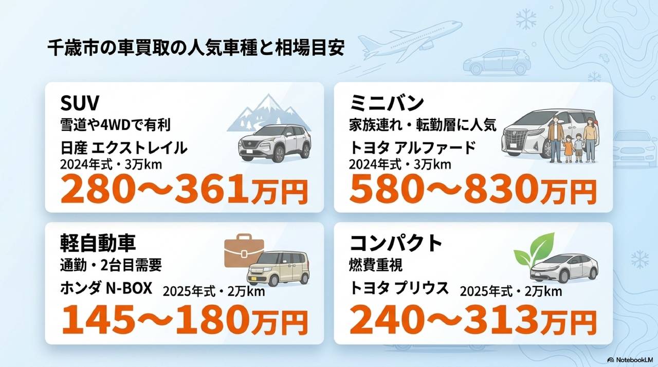 千歳市の人気車種と買取相場についての解説画像