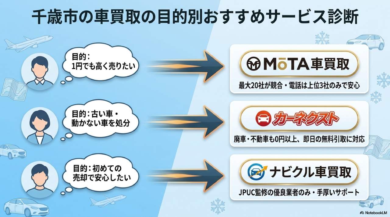 目的別に選ぶ千歳市の車買取サービスについての解説画像