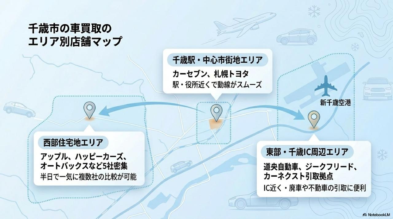 エリア別に探す千歳市の車買取店舗一覧についての解説画像
