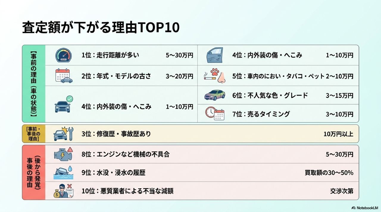 車買取で査定額が下がる理由TOP10についての解説画像