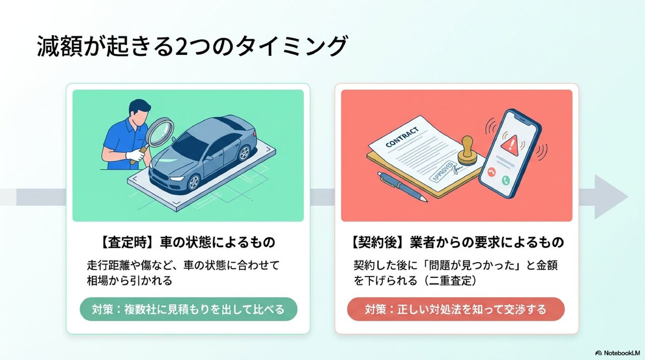 車買取で「減額」が起きる2つのタイミングについての解説画像