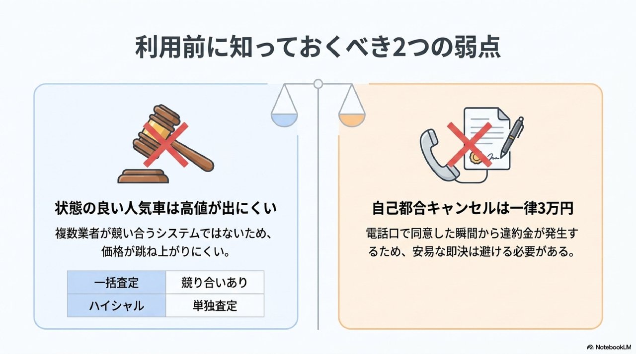 ハイシャル 評判から見える2つのデメリット(人気車は高値出ない・キャンセル料3万円)の解説図