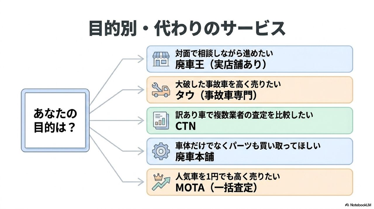 ハイシャル 評判でおすすめしない人と代替サービス(MOTA・廃車王・カーネクスト)の解説図