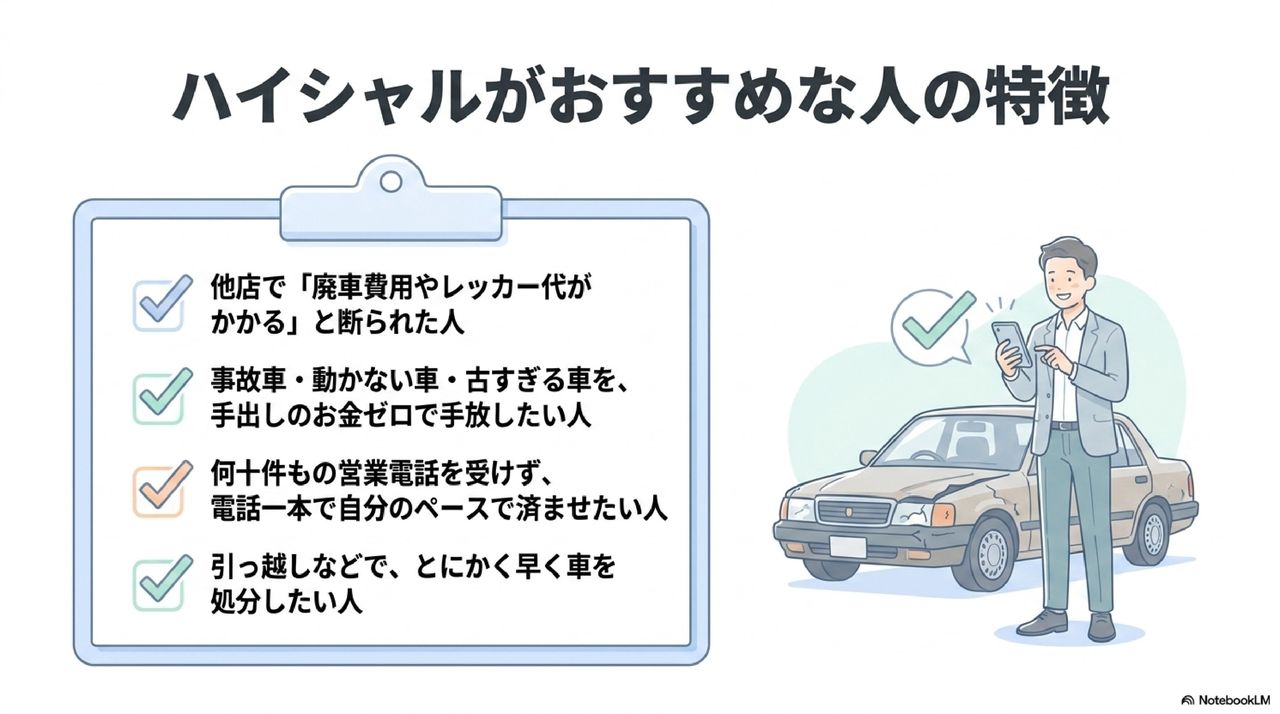 ハイシャル 評判でおすすめな人の特徴(処分代を請求された人・事故車不動車を持つ人)の解説図