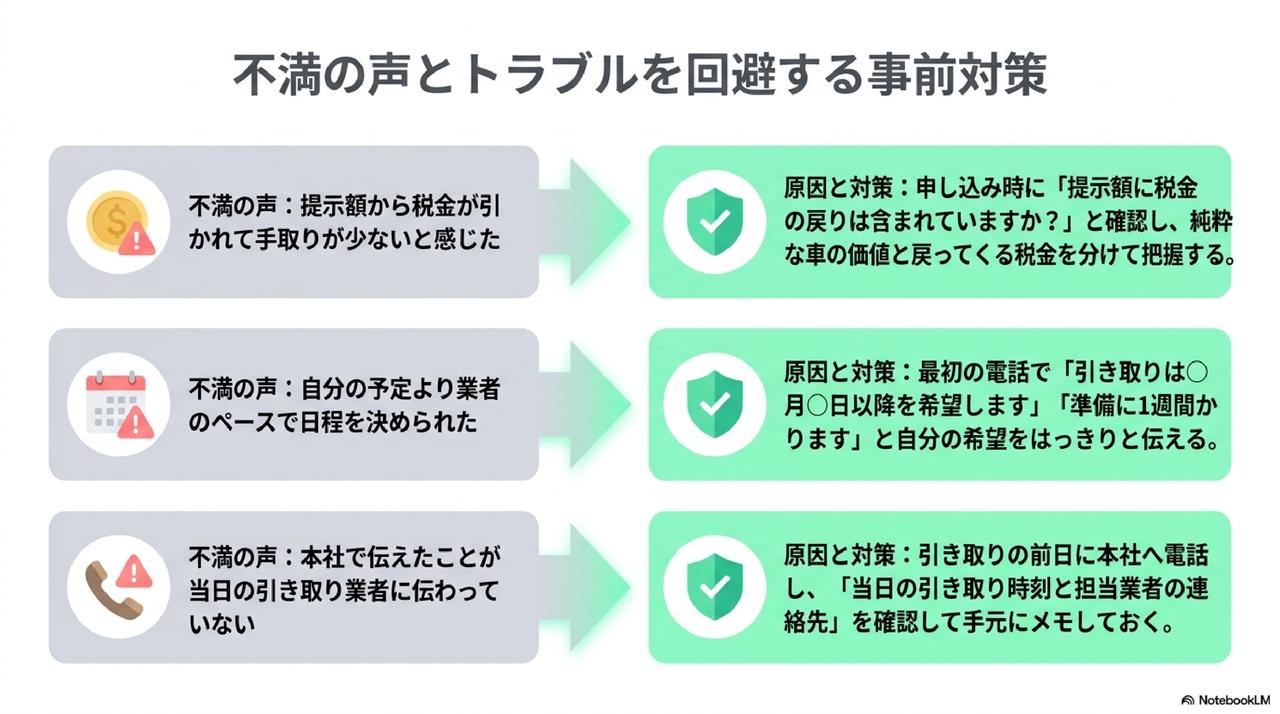 廃車王 評判のネガティブ口コミ・トラブル事例を3軸で検証した解説図