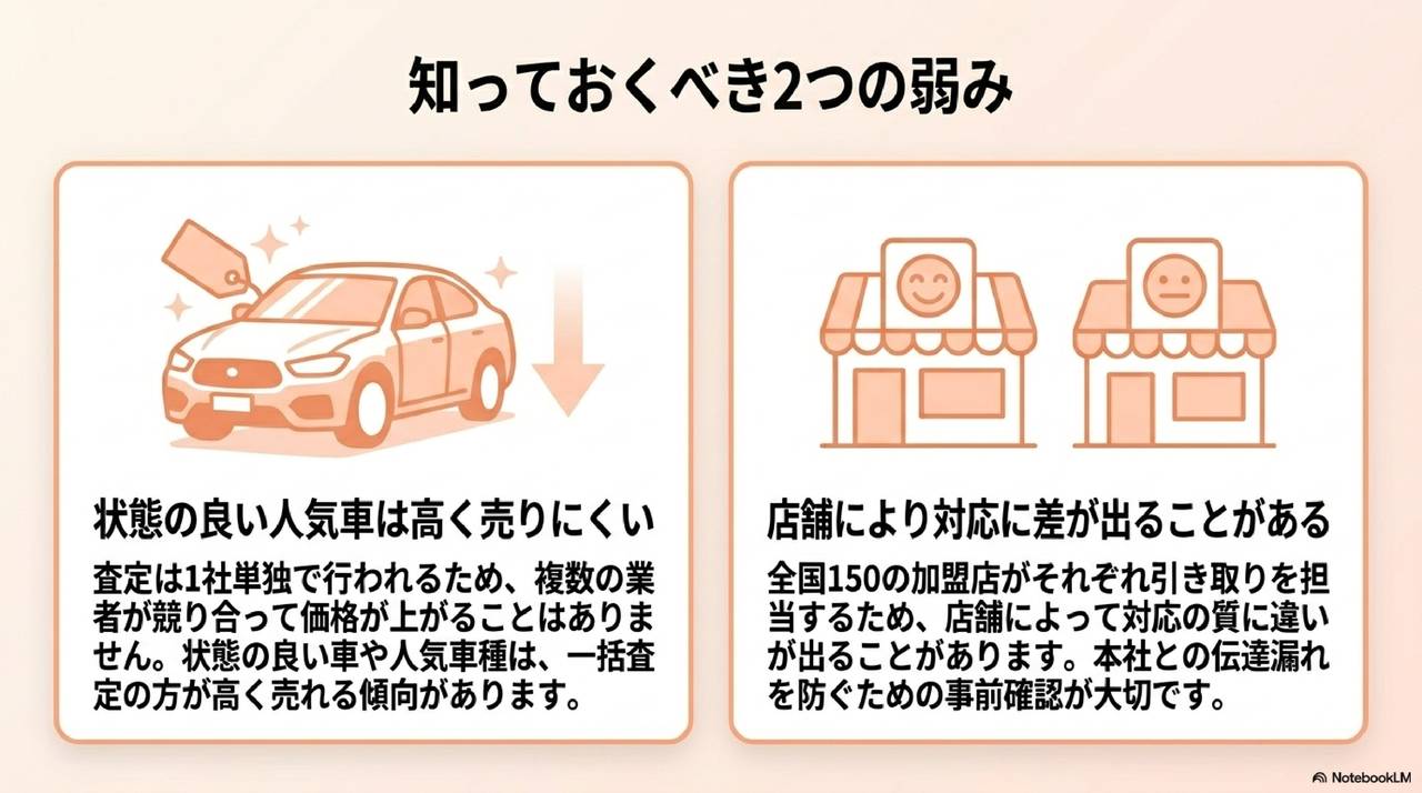 廃車王 評判から見える2つのデメリット(1社単独査定・加盟店ばらつき)の解説図