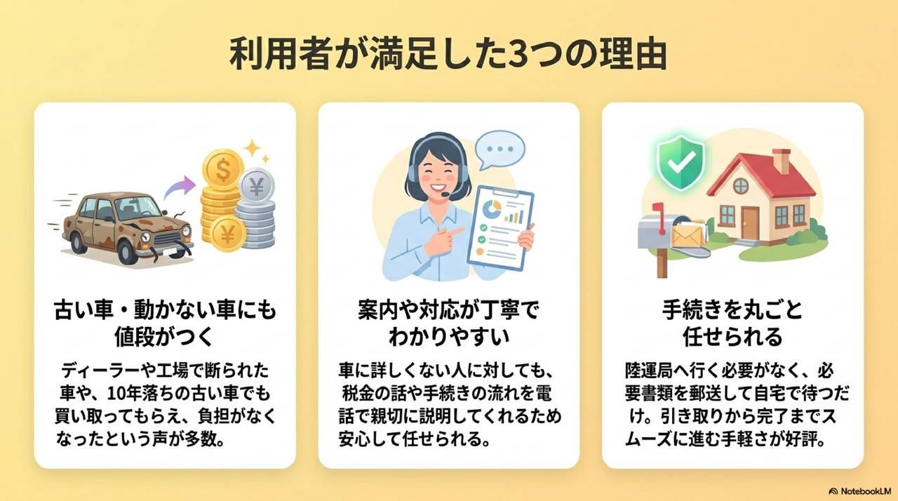 廃車王 評判の良い口コミ・利用者が評価する3つの強みをまとめた画像