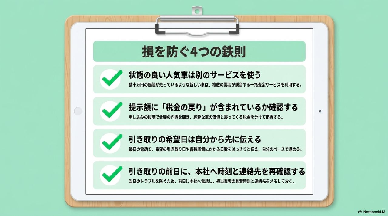 廃車王 評判から学ぶ損しないための4つの鉄則と還付金トラブル回避策の解説図