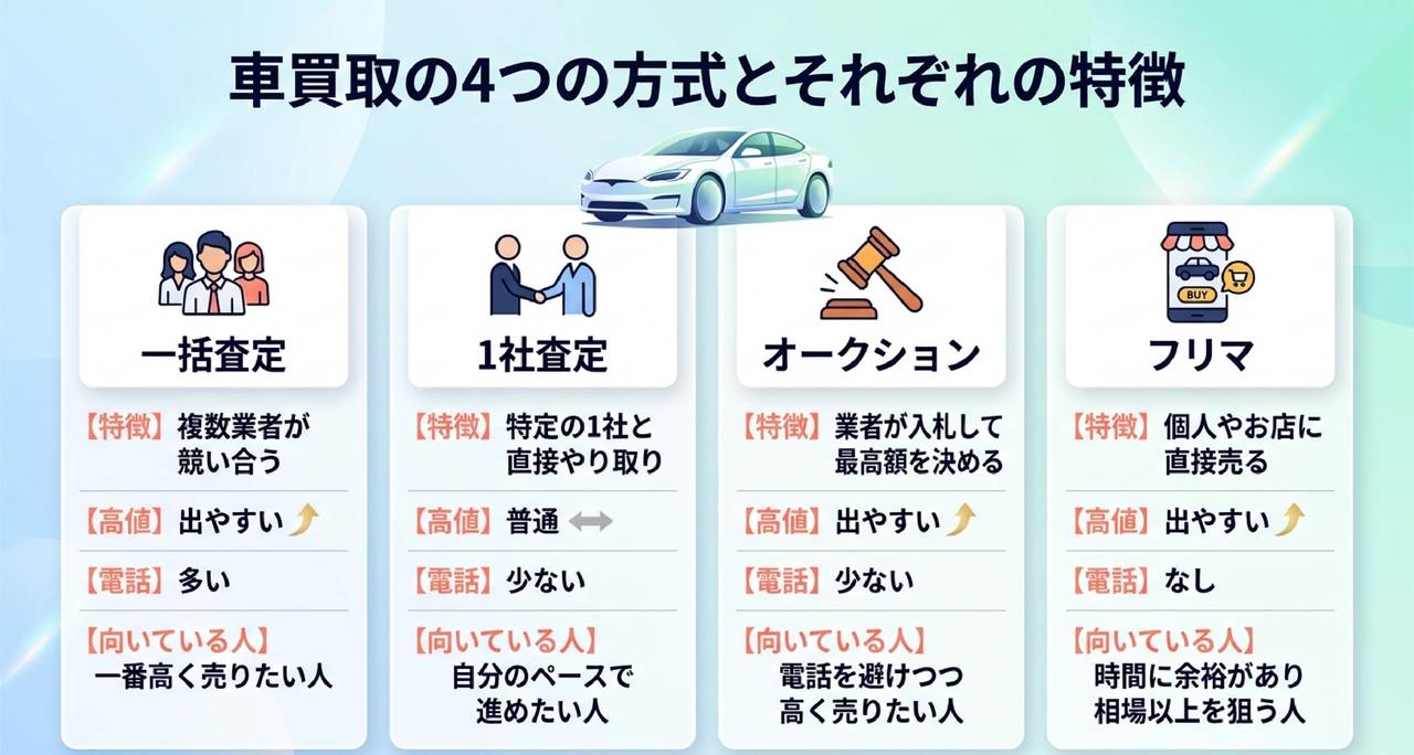 車買取サービスの4つの方式と特徴についての解説画像