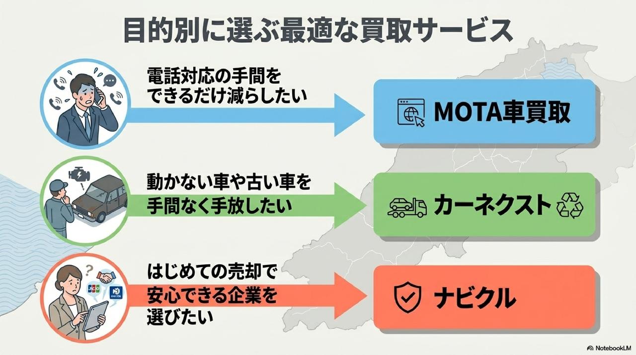目的別に選ぶ松江市の車買取サービスについての解説画像