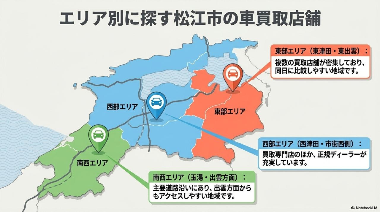 エリア別に探す松江市の車買取店舗一覧についての解説画像