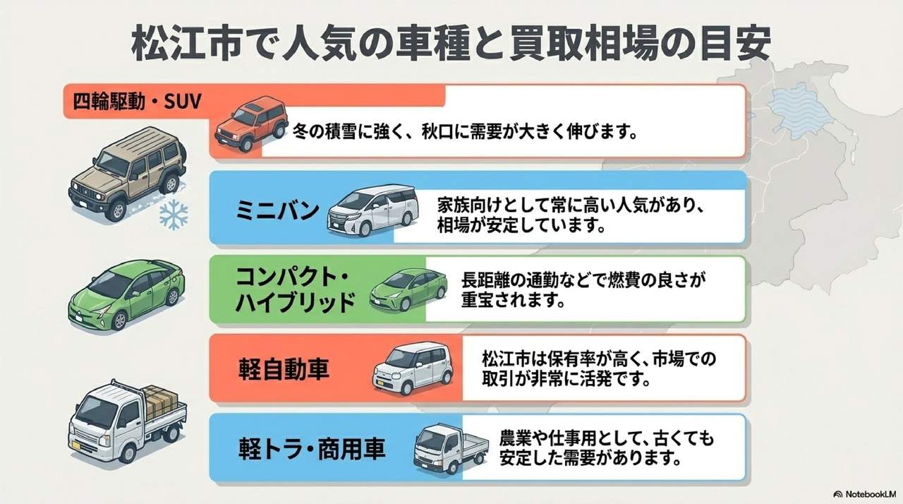 松江市の人気車種と買取相場についての解説画像