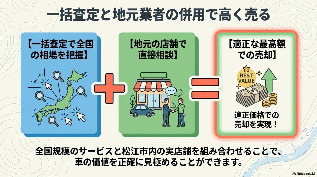 松江市で愛車を最高額で売るには一括査定と地元業者の両方を活用するについての解説画像