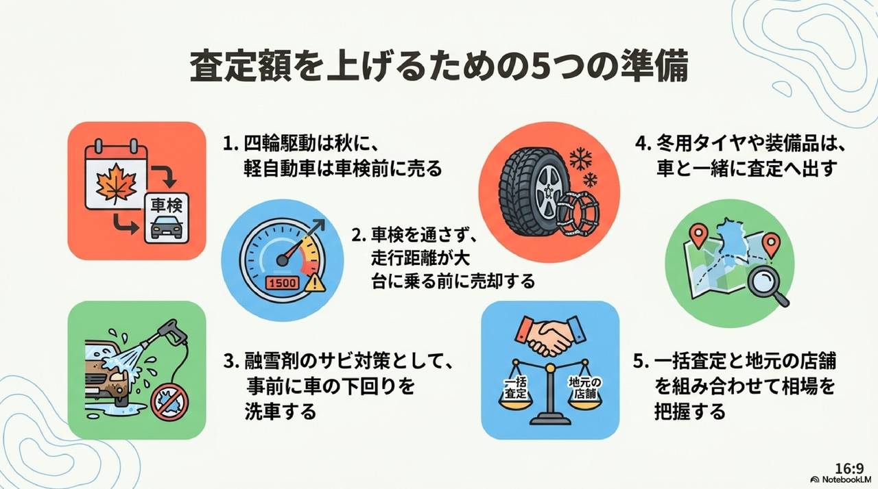 松江市で査定額を上げるための5つの準備についての解説画像