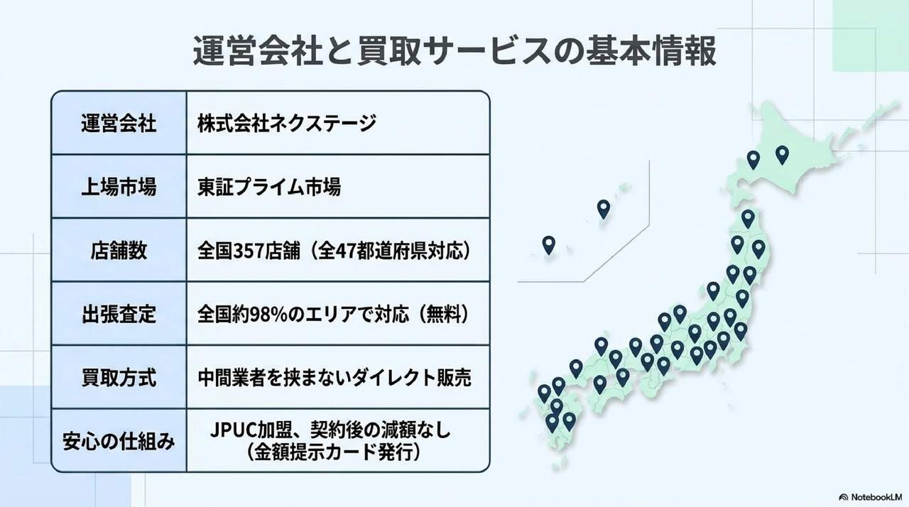 ネクステージの評判記事用|運営会社・上場市場・全国357店舗(47都道府県対応)・出張査定98%カバー・買取方式・JPUC加盟など基本情報をまとめた表