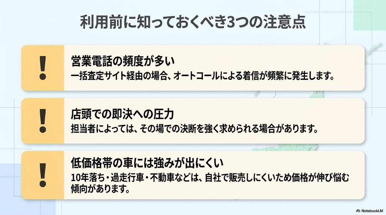 ネクステージの評判で利用前に知っておくべき3つの注意点(営業電話の頻度・店頭での即決への圧力・低価格帯の車には強みが出にくい)を解説した図