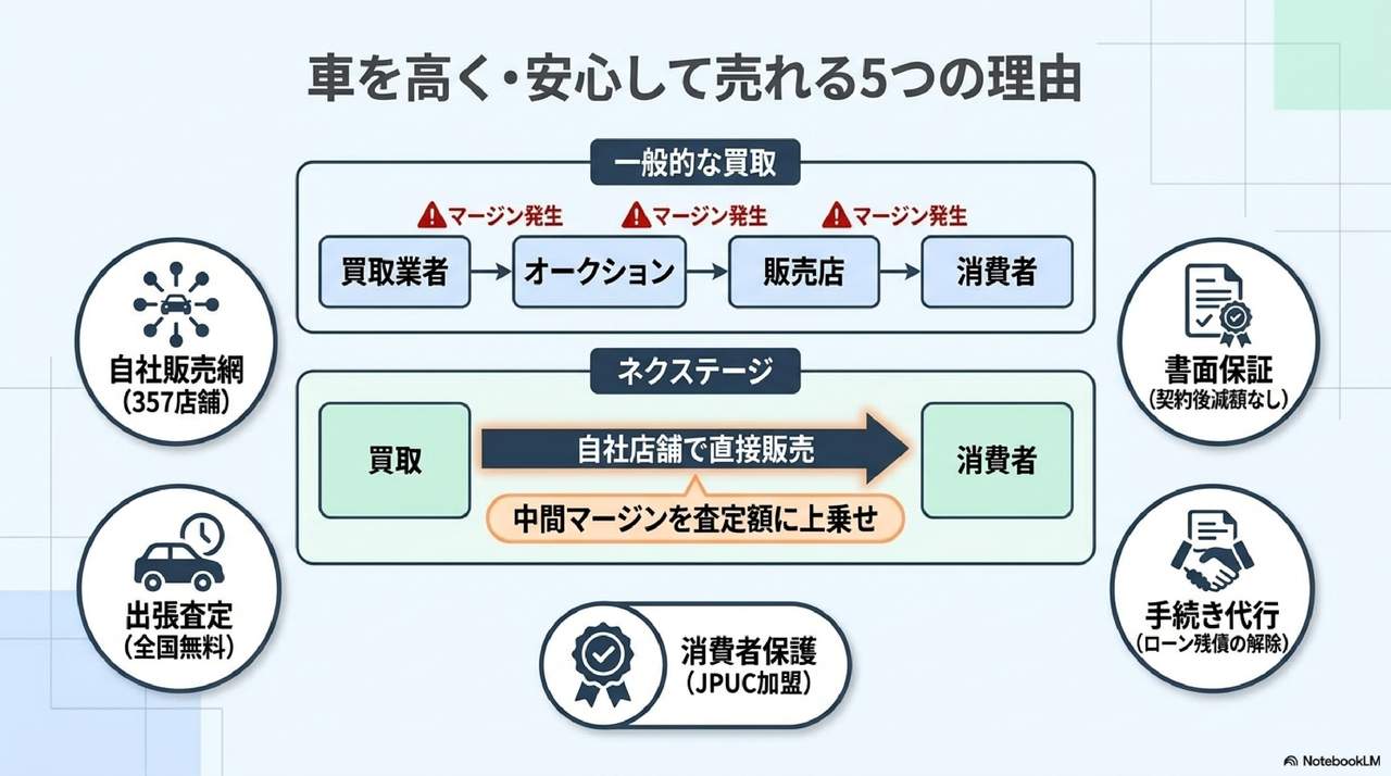 ネクステージの評判で評価される5つのメリット(自社販売網357店舗・出張査定全国無料・中間マージン上乗せ・書面保証・JPUC加盟による消費者保護・手続き代行)の解説図