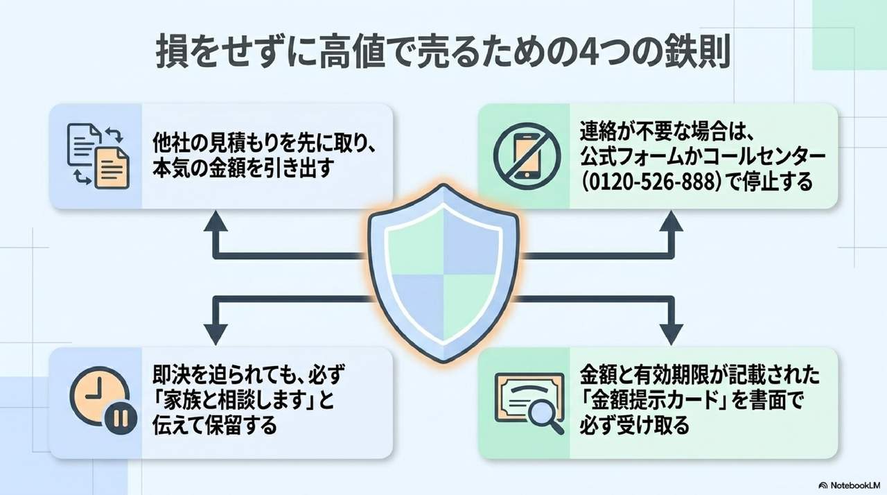 ネクステージの評判から学ぶ損をしないための4つの鉄則(他社見積もり先取り・電話停止の公式手段・即決を迫られたら家族と相談保留・金額提示カードを書面受領)の解説図