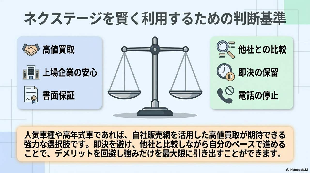 ネクステージの評判を踏まえた賢く利用するための判断基準(高値買取・上場企業の安心・書面保証 vs 他社との比較・即決の保留・電話の停止)を天秤で整理したまとめ図