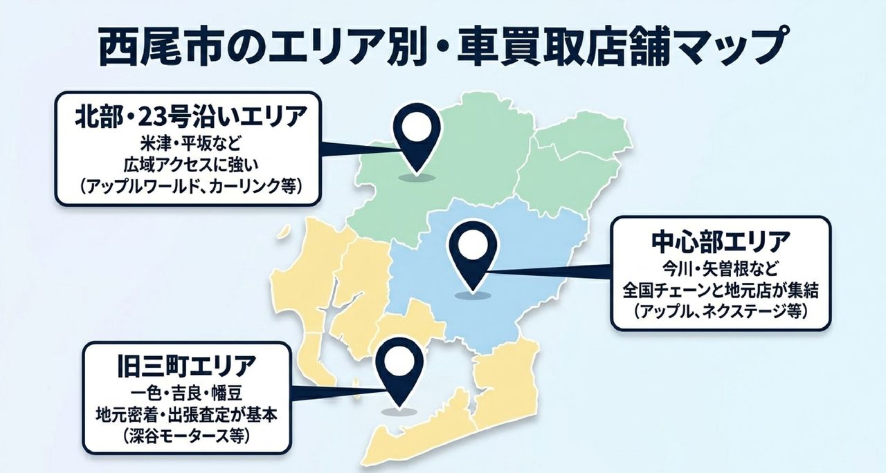 エリア別に探す西尾市の車買取店舗一覧についての解説画像