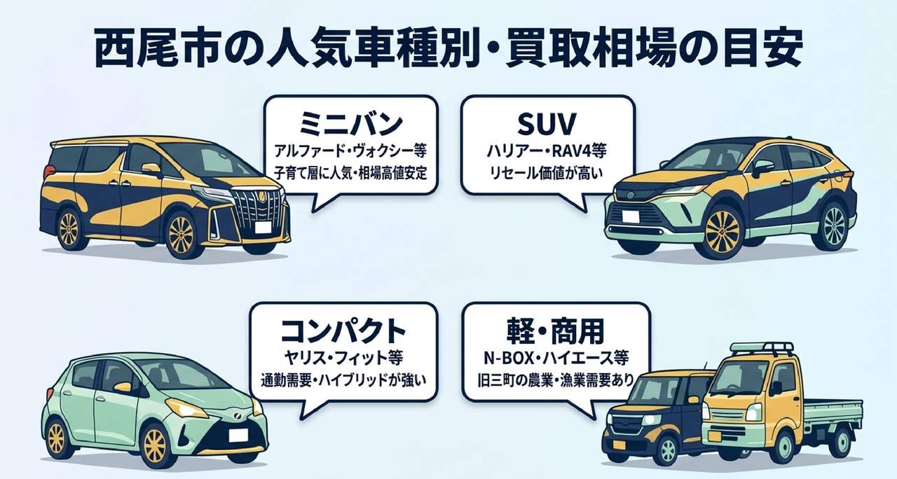 西尾市の人気車種と買取相場についての解説画像