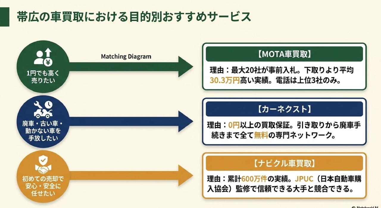 エリア別に探す帯広市の車買取店舗一覧についての解説画像