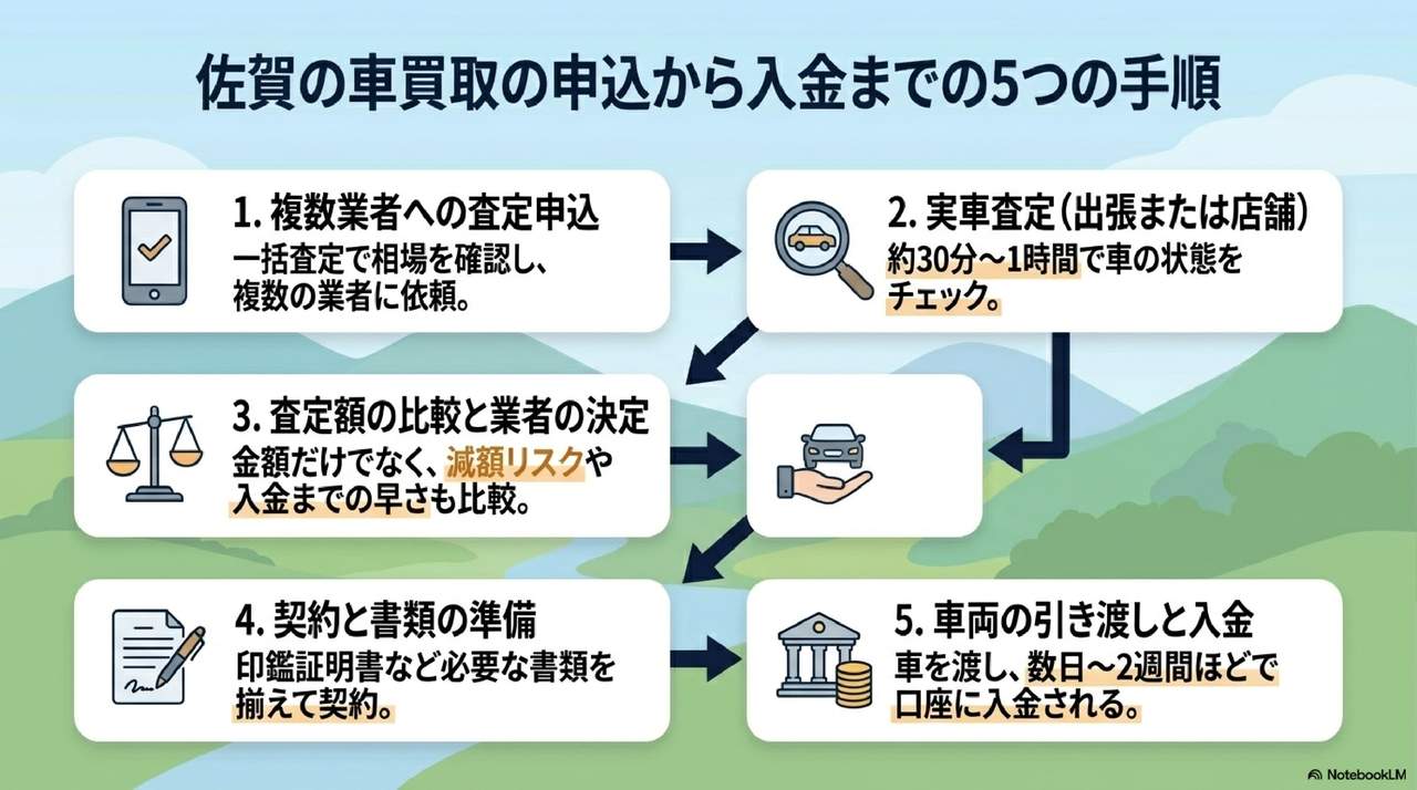 佐賀県で車を売却する流れ|申込から入金まで5ステップ