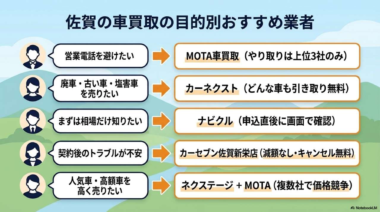 【目的別】佐賀で車を売るならどの業者?シーン別おすすめ