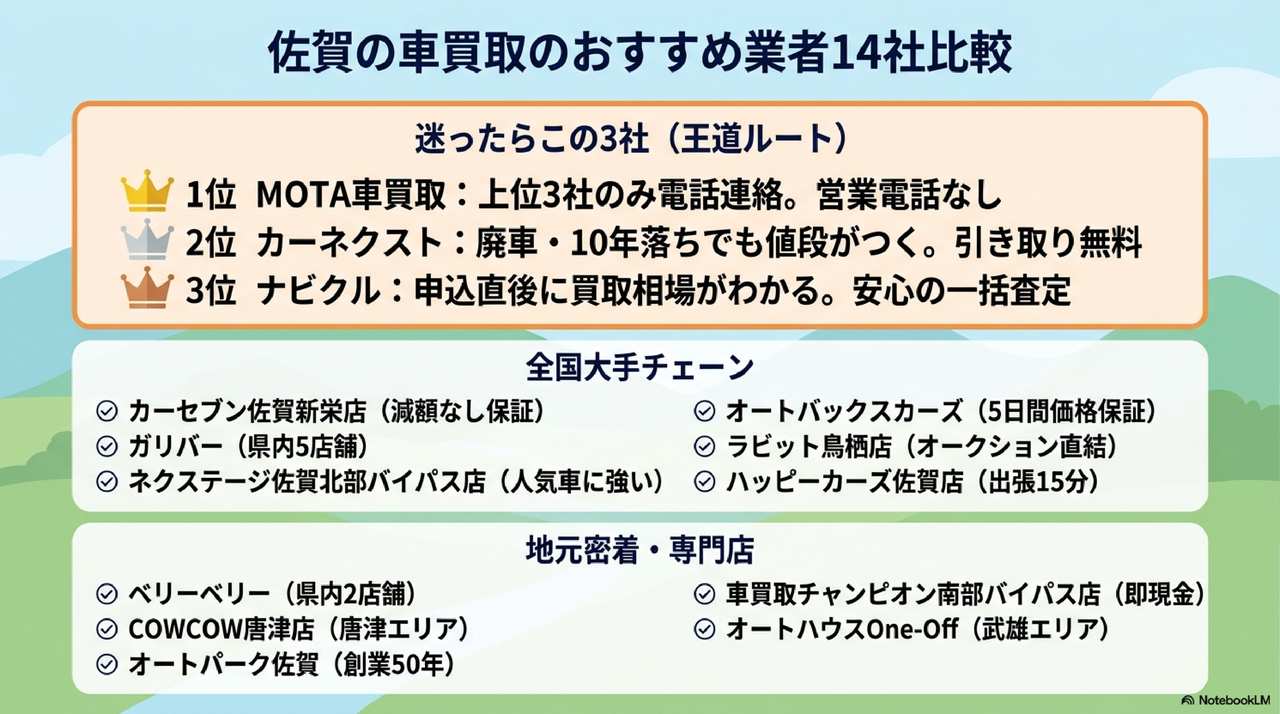 佐賀県の中古車買取おすすめ業者14選|ランキング比較