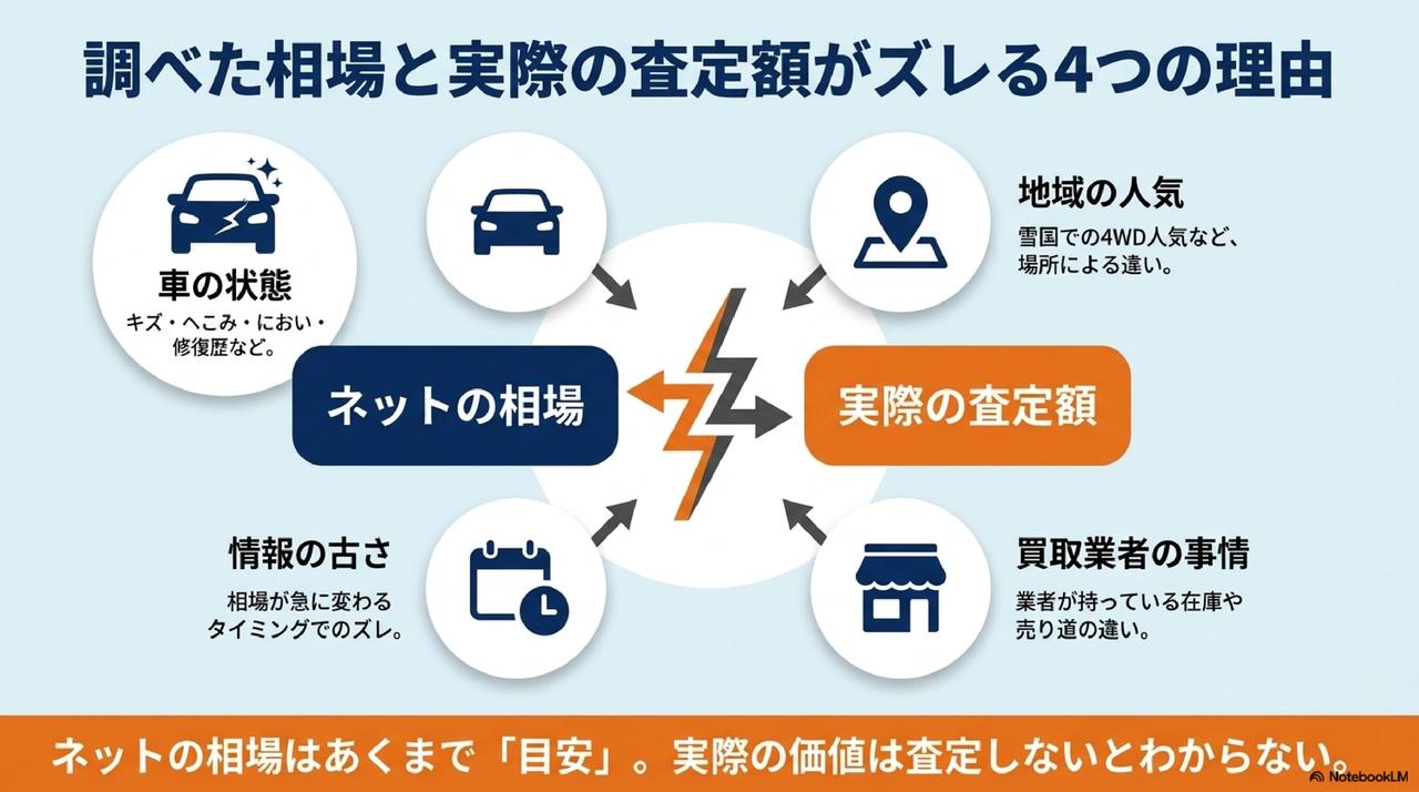 個人情報なしで調べた相場と実際の査定額はなぜズレるのかについての解説画像