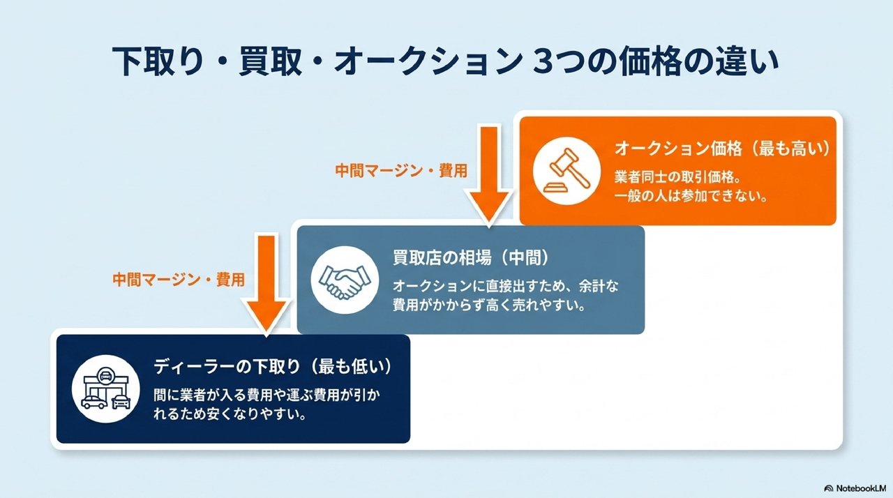 下取り価格・買取相場・オークション価格の3つの違いについての解説画像