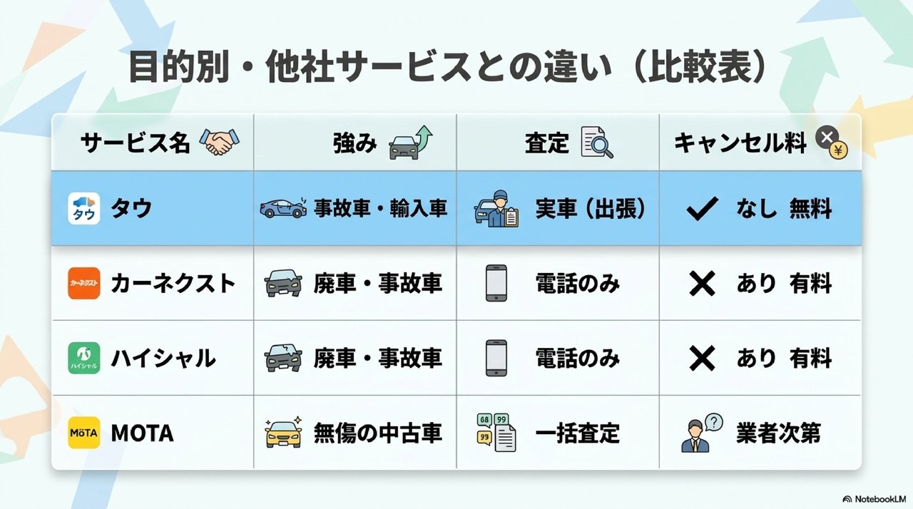 タウと他社の比較|カーネクスト・ハイシャル・MOTAとの違いについての解説画像