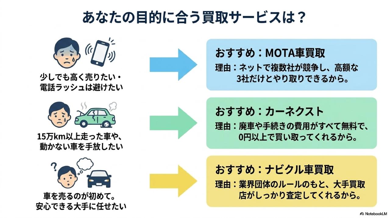 目的別に選ぶ苫小牧の車買取サービスについての解説画像