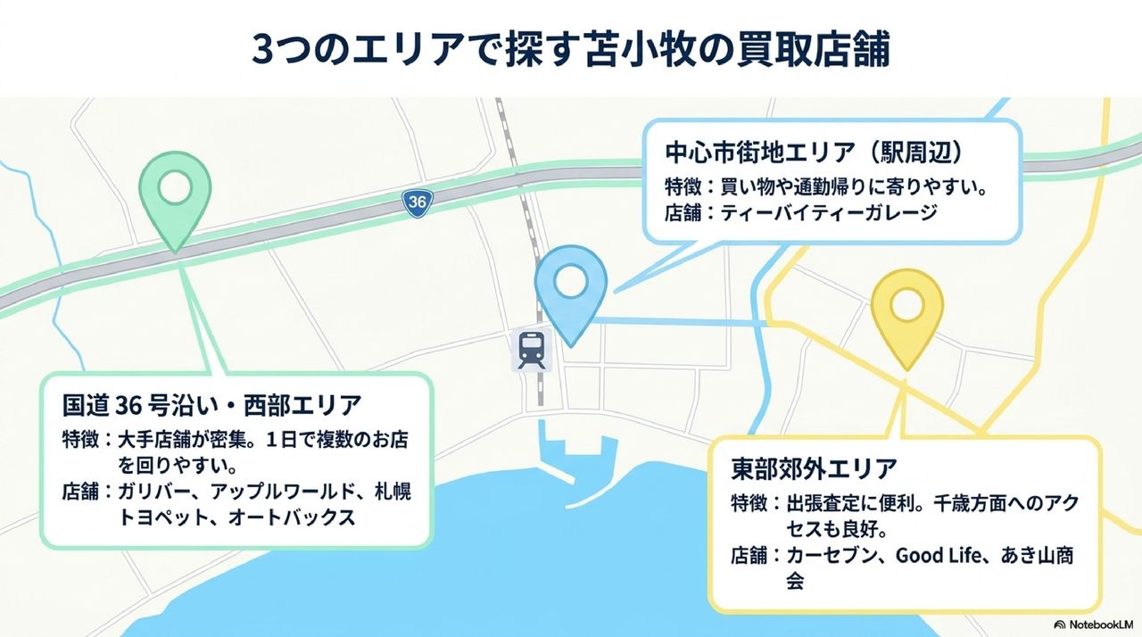 エリア別に探す苫小牧の車買取店舗一覧についての解説画像