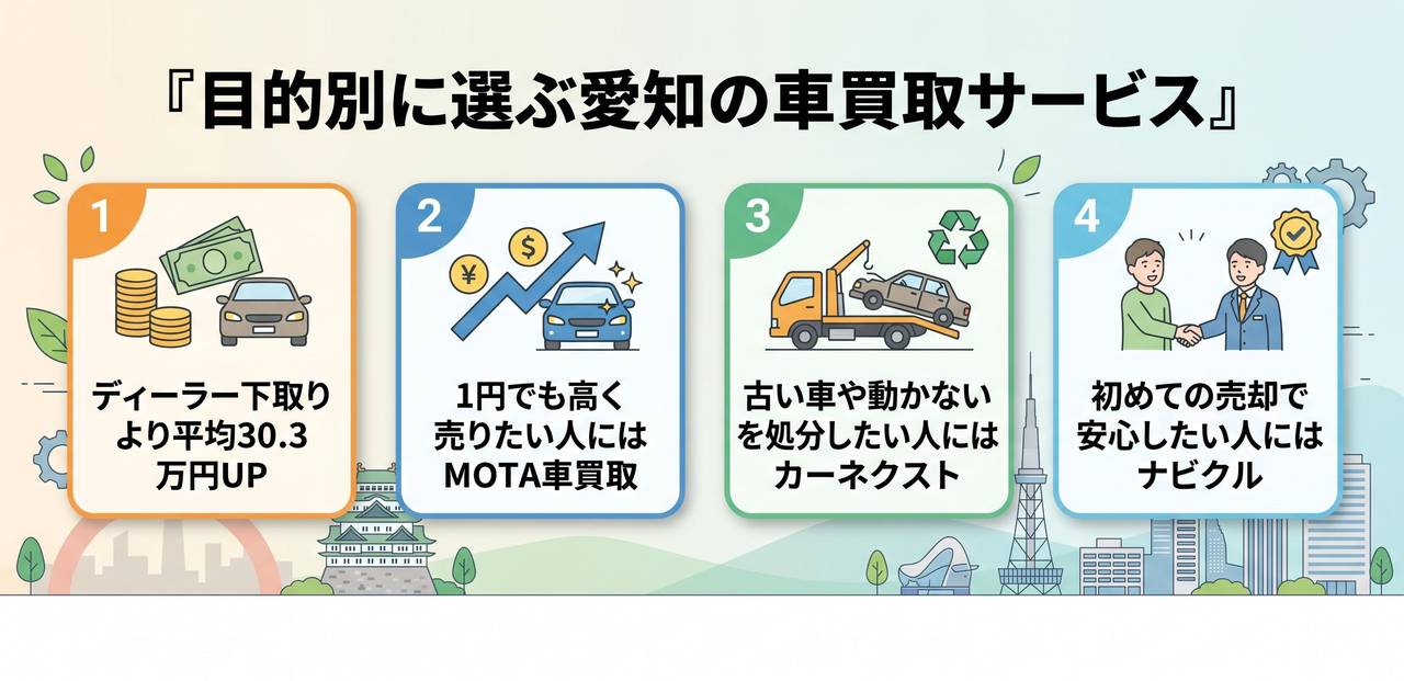 目的別に選ぶ愛知の車買取サービスについての解説画像