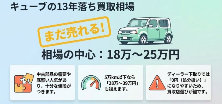 キューブ10年・13年落ちの買取相場【2026】まだ高く売れる業者はここ！