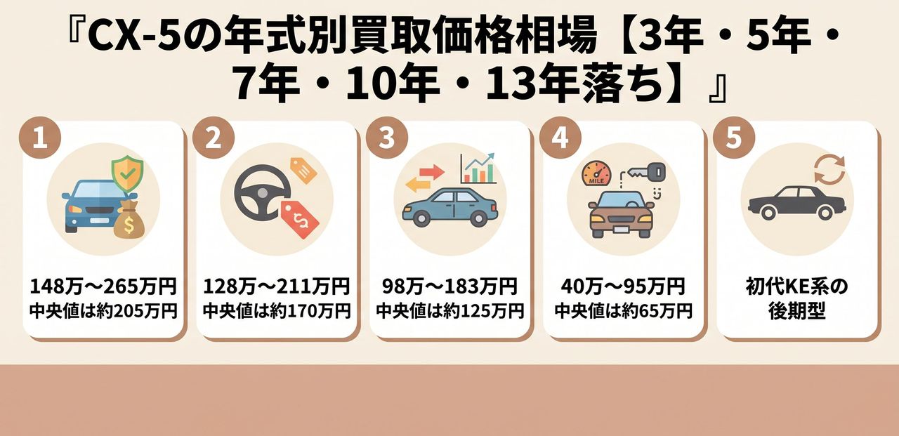 CX-5の年式別買取価格相場【3年・5年・7年・10年・13年落ち】についての解説画像