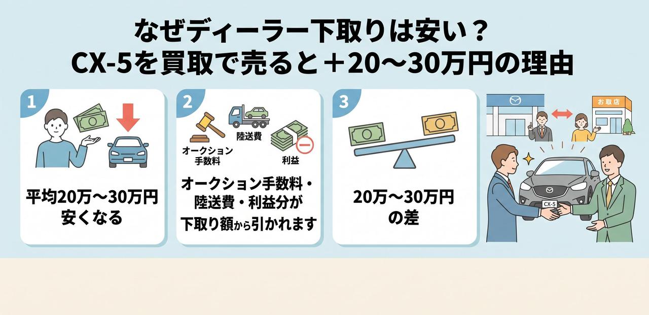 なぜディーラー下取りは安い？CX-5を買取で売ると＋20〜30万円の理由についての解説画像