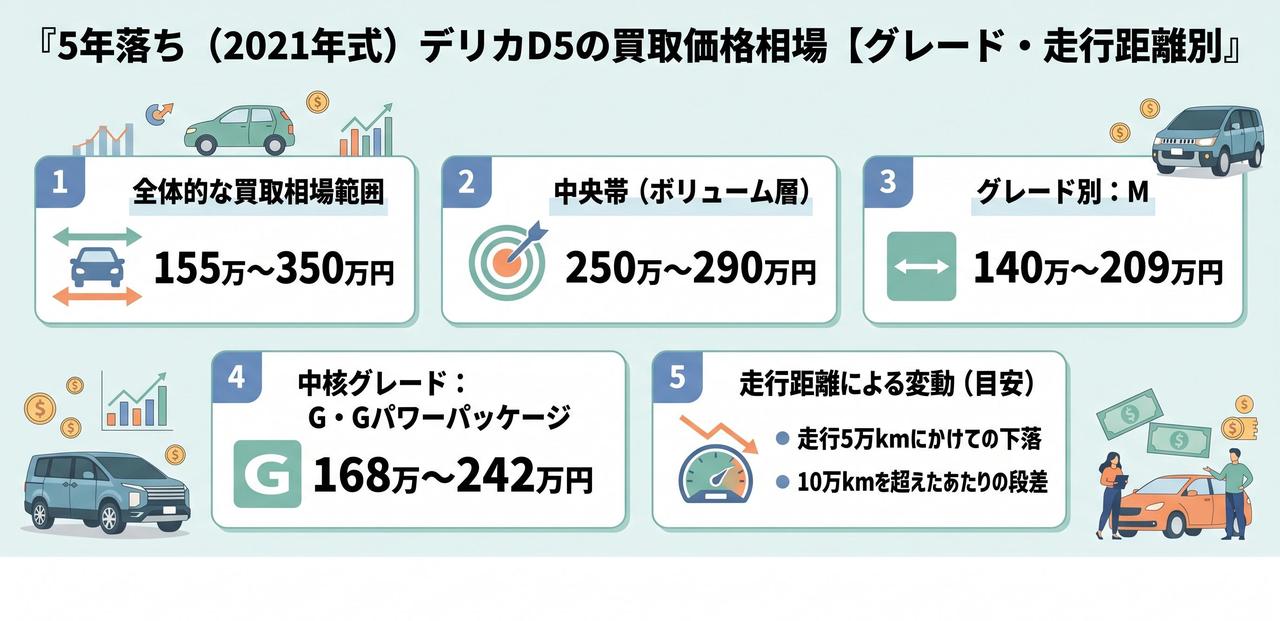 5年落ち(2021年式)デリカD5の買取価格相場【グレード・走行距離別】についての解説画像