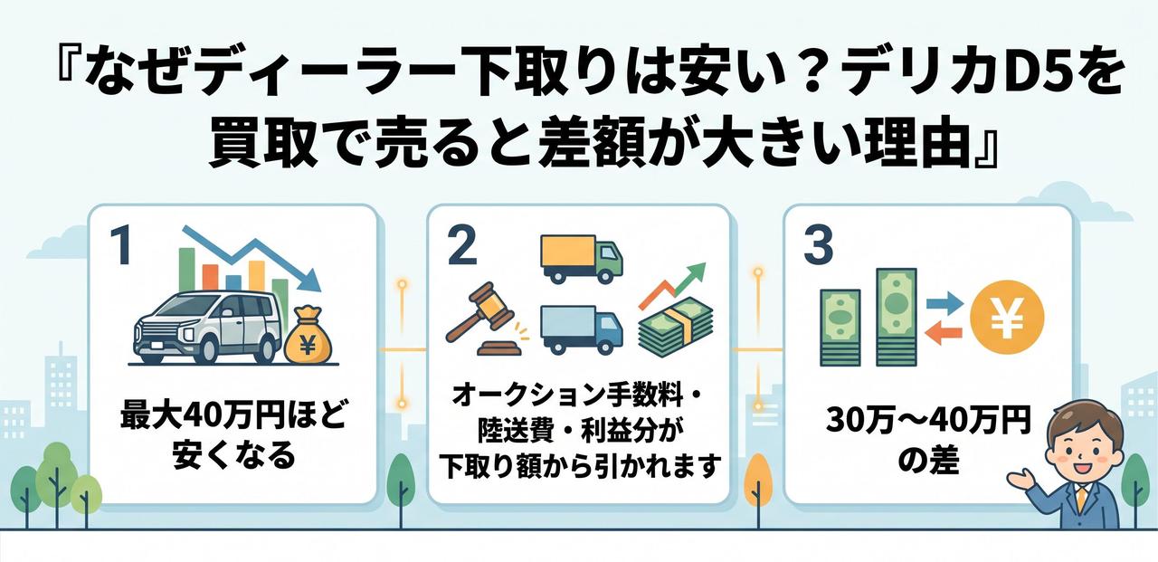 なぜディーラー下取りは安い?デリカD5を買取で売ると差額が大きい理由についての解説画像