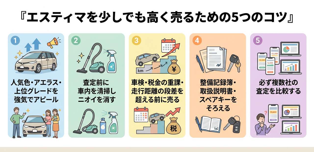 エスティマを少しでも高く売るための5つのコツについての解説画像