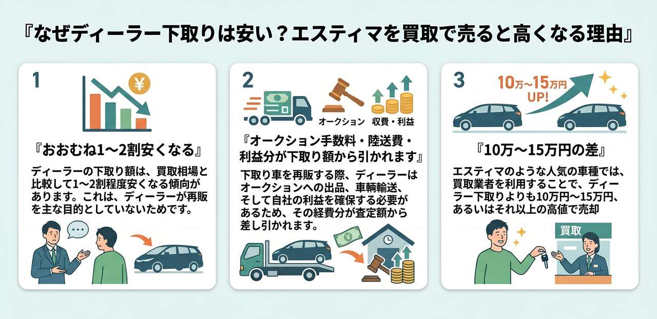 なぜディーラー下取りは安い?エスティマを買取で売ると高くなる理由についての解説画像