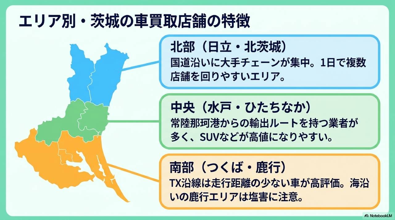 エリア別に探す茨城の車買取店舗一覧についての解説画像