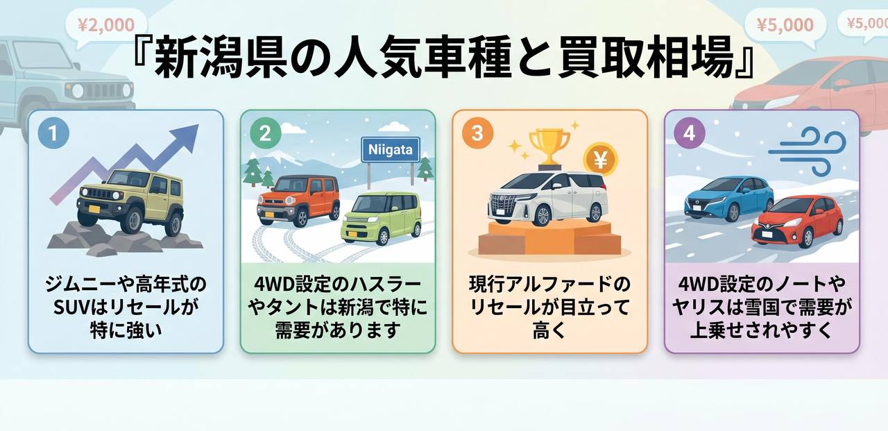 新潟県で高く売れやすい車種と買取相場