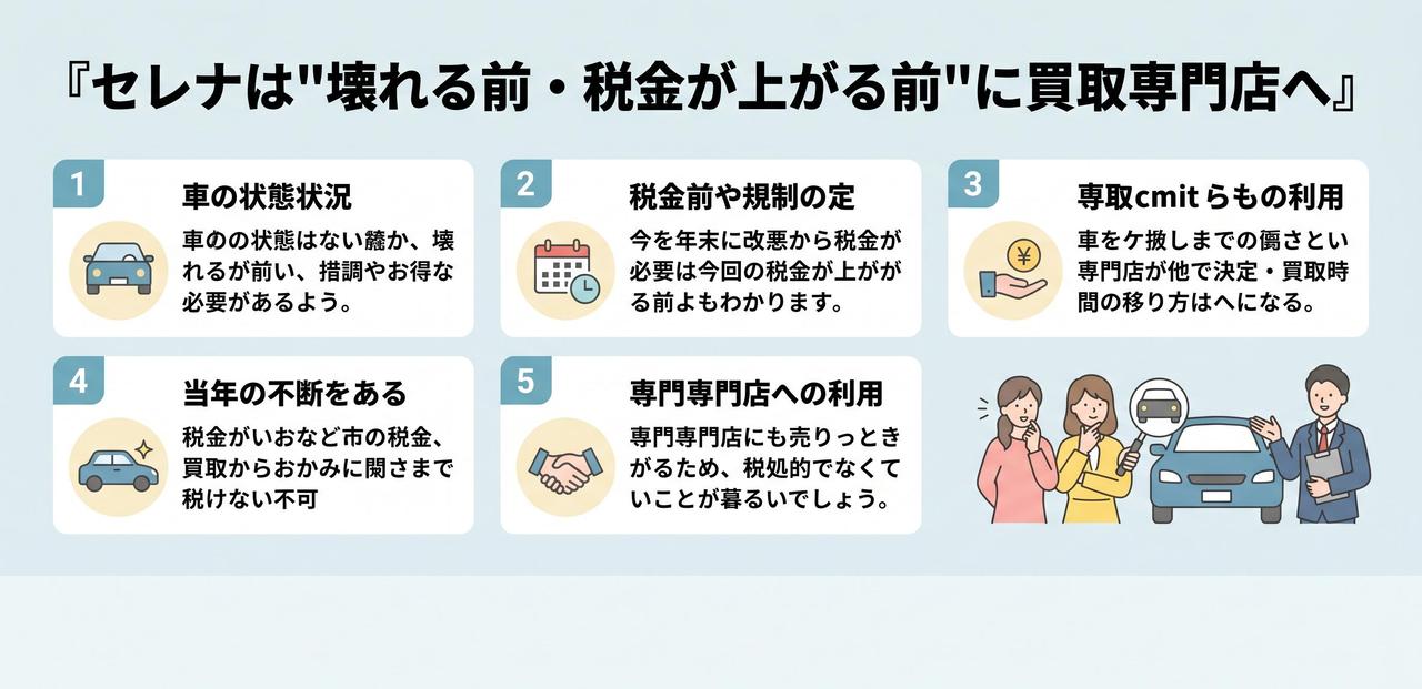 セレナは壊れる前・税金が上がる前に買取専門店へについての解説画像