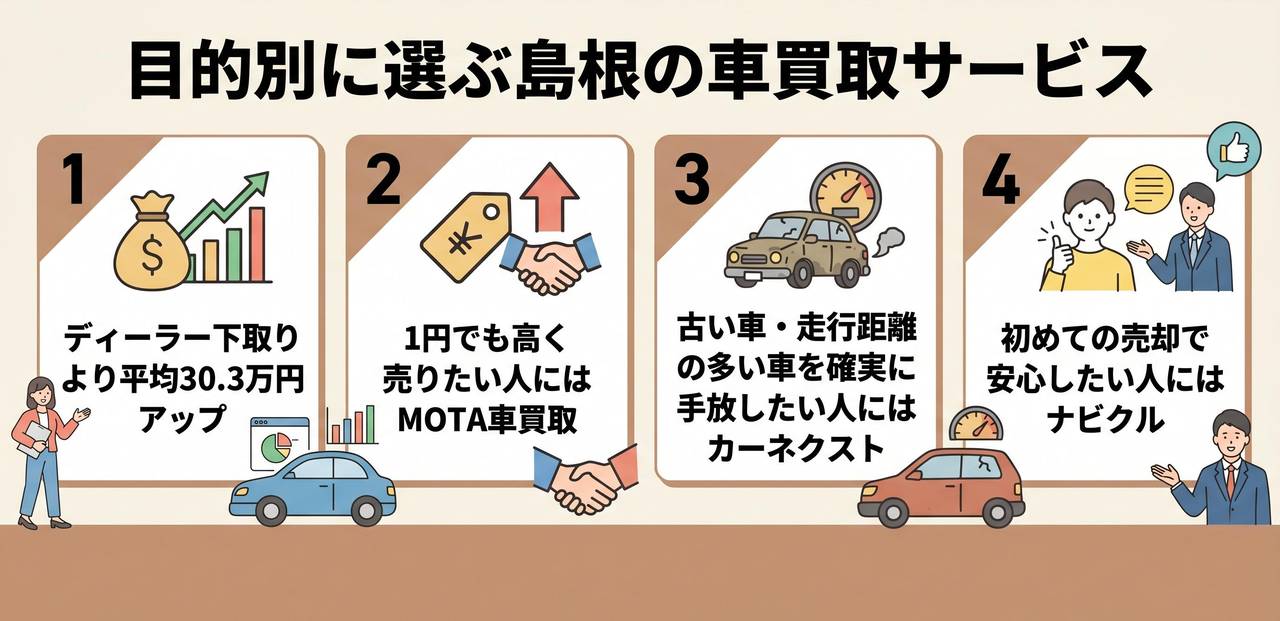 目的別に選ぶ島根の車買取サービスについての解説画像